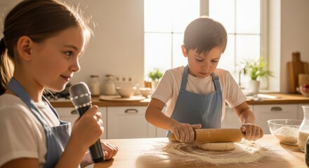 Sibling baking adventures, little boy rolls dough while girl sings along with a microphone in the