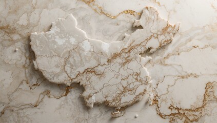 Featuring white marble map of China on studio surface with engraved borders and gold veins