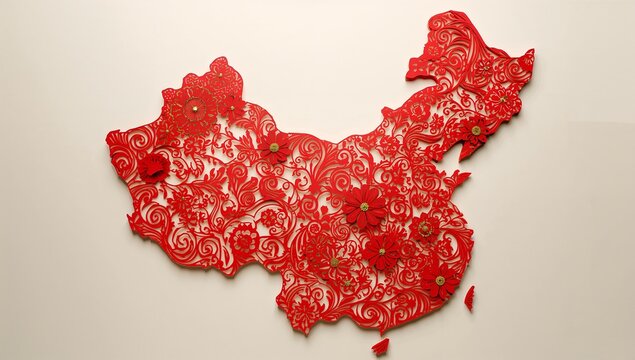 Displaying decorative red filigree map of China on gallery wall, with floral motifs, gold accents