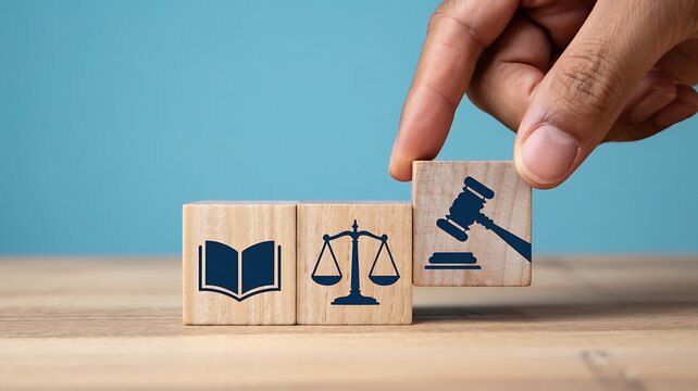 Hand placing wooden block with gavel symbol next to book and scales of justice icons representing legal system development