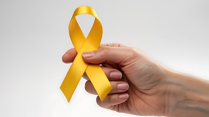 Close up of a hand holding a bright yellow awareness ribbon symbolizing support for various causes and campaigns