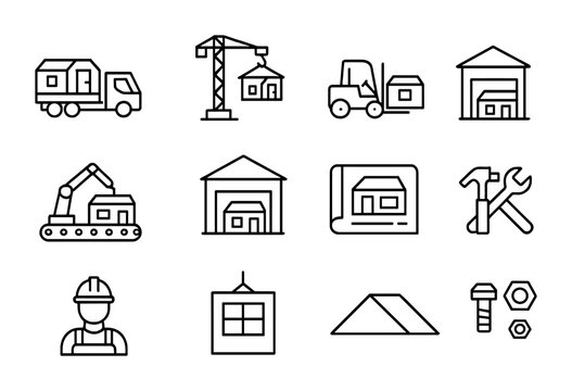 Prefab Logistics Icons. Outline icon set of prefab home logistics: truck, crane, forklift, modular unit,