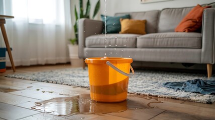 Orange bucket catching dripping water from ceiling leak onto a wooden floor with a sofa in the background
