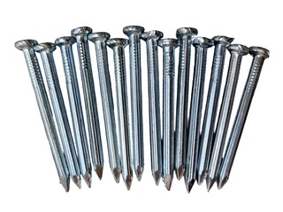 Close-up of shiny steel nails arranged in a row isolated on white background. Crisp detail shows...