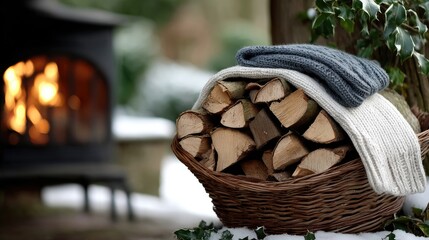 Obraz premium Cozy winter setting with a basket of firewood and knitted blankets near a warm fireplace in a snowy environment
