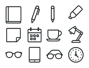 Journaling Tools Icons. Outline icon set of Daily journaling tools: notebook, pen, pencil, eraser, highlighter