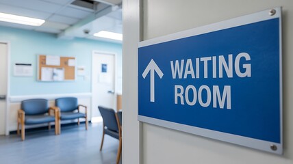 Blue waiting room sign with white text and arrow pointing towards empty chairs in a medical clinic hallway