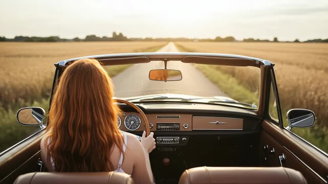 Woman driving a convertible car on a country road