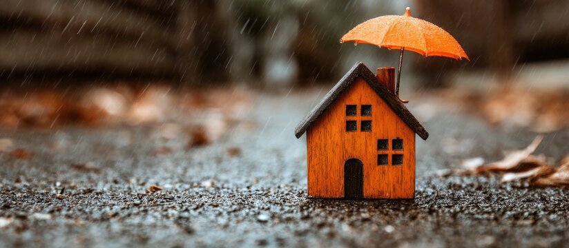 Miniature house sheltered by umbrella in rain