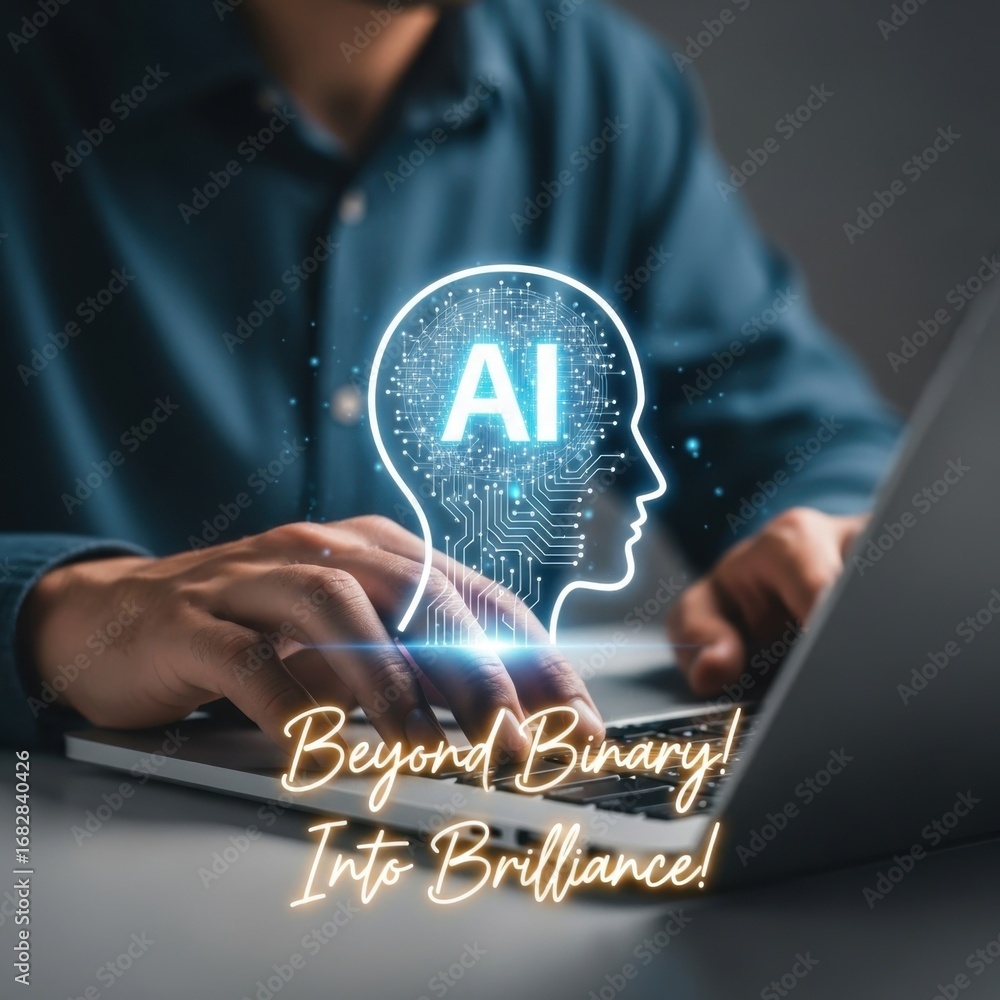 Aufkleber person typing on laptop with a i brain graphic and glowing text artificial intelligence technology