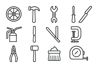 Obraz premium Tool Icon Grid. Outline icon set of Wagon wheel maintenance tools: hammer, wrench, screwdriver, oil can, file,