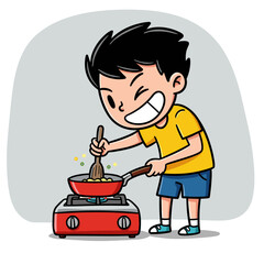 Smiling child cooks with a red frying pan on a red stove—bright, cheerful, and hands-on.