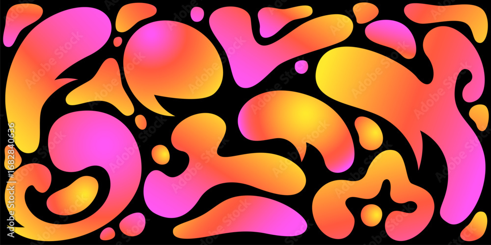 Poster liquid funky shape pattern with holographic gradient blobs, flowing forms and organic curves for mod