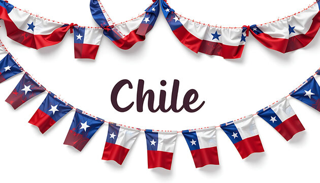 Chilean decorative flags strung along a festive banner with the word “Chile” in the center, 4K and HD image