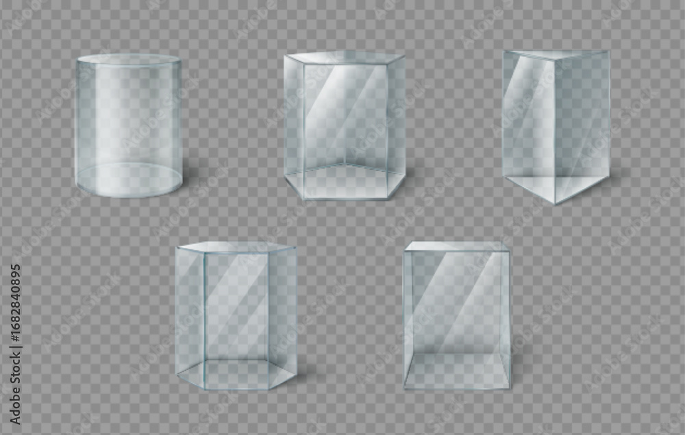 Poster glass box museum display cases with transparent cylindrical, hexagonal and rectangular showcases for