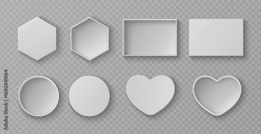 Poster realistic mockup box set with top view - hexagonal, rectangular and circular containers for packagin