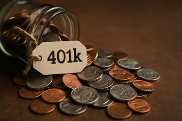 401k plan savings concept with glass jar and coins on brown background showing financial planning