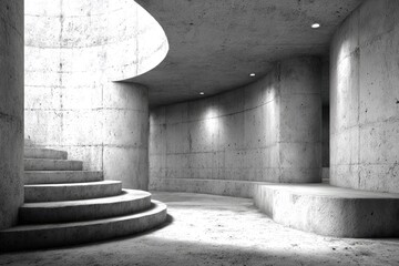 Fototapeta premium Concrete architectural interior, curved walls, stairs