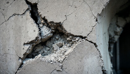 Close-up of earthquake-damaged concrete column with cracks and exposed steel
