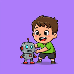 Boy plays with tiny robot on purple background—fun, curious, and techy.
