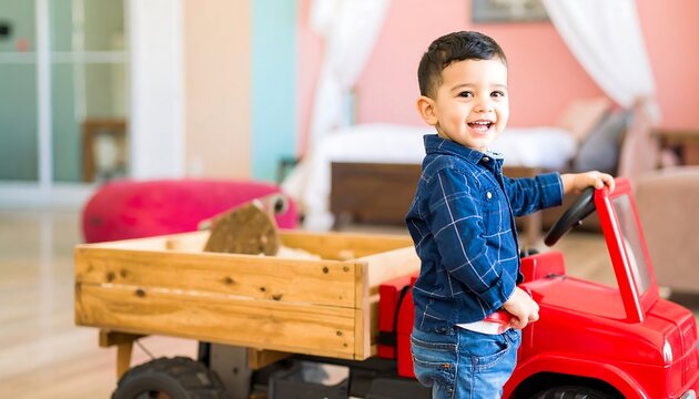 Toddler boy smiles happily while playing with a red toy truck in a room