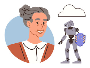 Elderly woman smiling alongside a robot holding a shield, contrasting human wisdom and advanced automation. Ideal for innovation, AI, future, aging, technology, security and robotics themes. Simple
