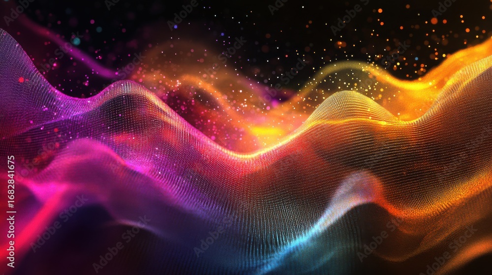 Poster colorful abstract light particles creating wavy patterns
