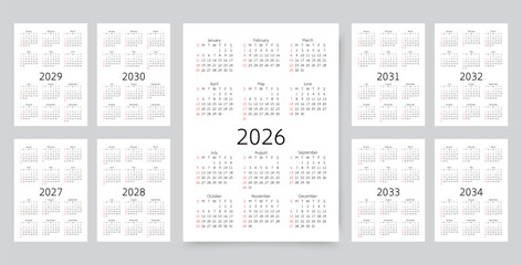 2026, 2027, 2028, 2029, 2030, 2031 2032, 2033, 2034 calendars. Simple calender template. Week starts Sunday. Planner layout with 12 month. Pocket yearly grid. Organizer in English. Vector illustration