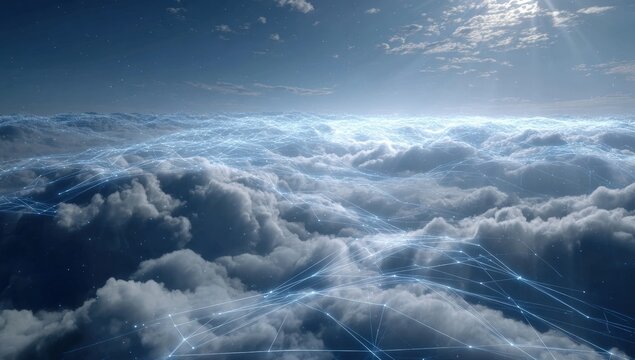 Above the clouds, a network of light connects the fluffy white clouds