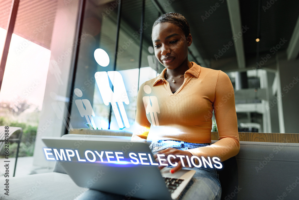 Poster modern workplace interaction showcasing employee selection process through virtual technology in an 