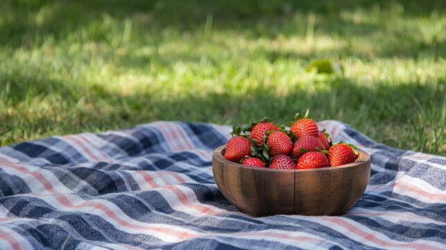Fresh strawberries in a wooden bowl on grassy picnic setting