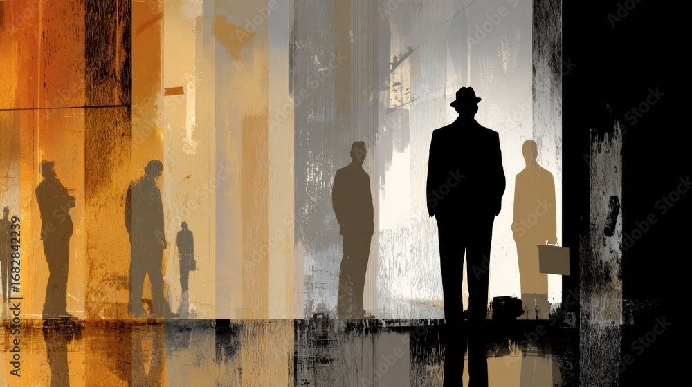 Poster shadows of business professionals in an urban setting during dusk create a striking visual narrative