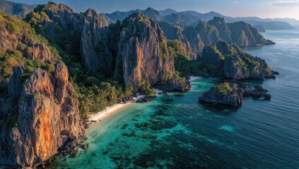 Obraz premium Dramatic coastal cliffs, turquoise water, secluded beach