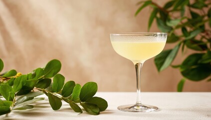 Light yellow cocktail in a coupe glass,  surrounded by foliage