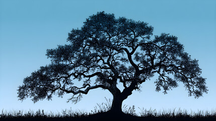 Dark tree silhouette on a blue gradient background. Oak tree, black single tree silhouette. Oak tree roots vector. Aspen tree silhouette isolated on sky blue background. 