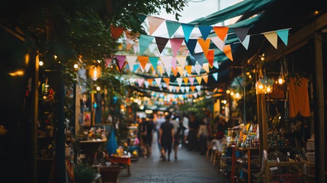Diverse group of adults enjoying lively market street at evening