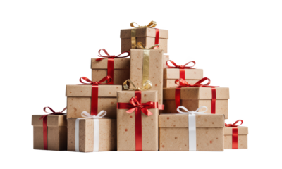 Heap of Brown Gift Boxes with Red and Gold Ribbons on White Background