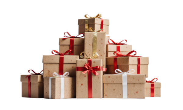 Heap of Brown Gift Boxes with Red and Gold Ribbons on White Background
