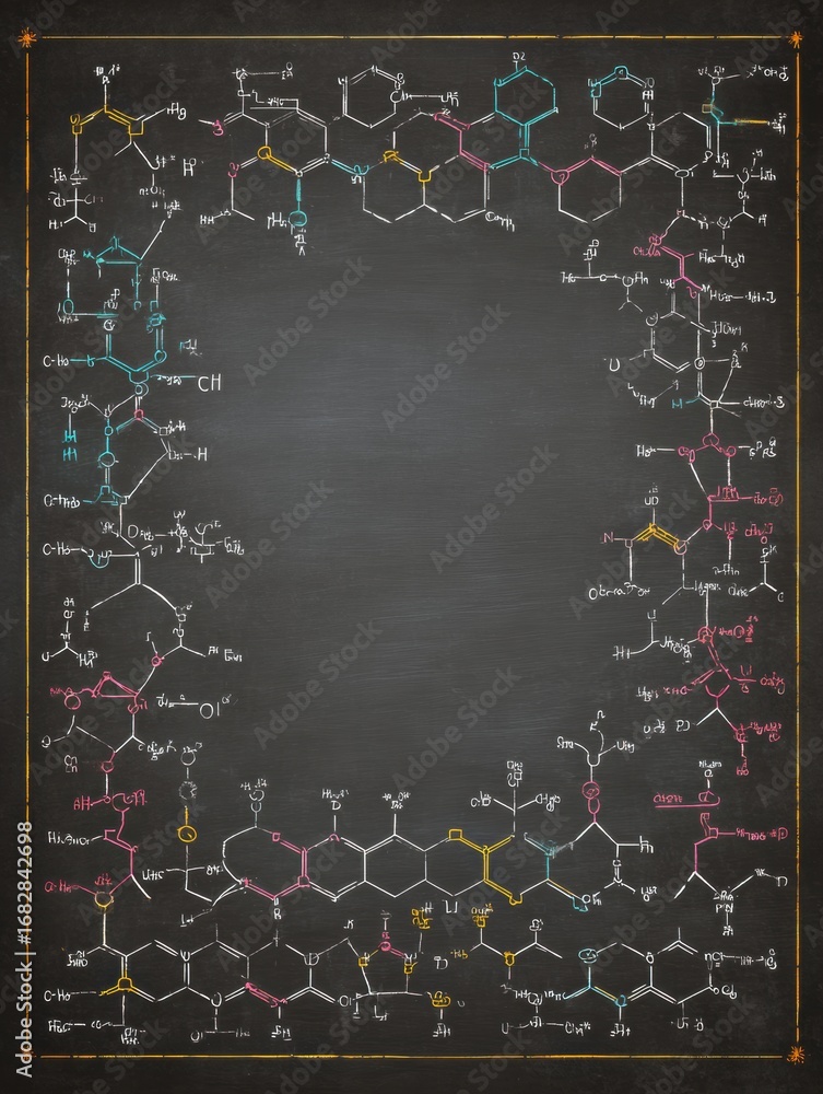 Poster handwritten chemical formulas on a chalkboard with colorful annotations and detailed structures in a