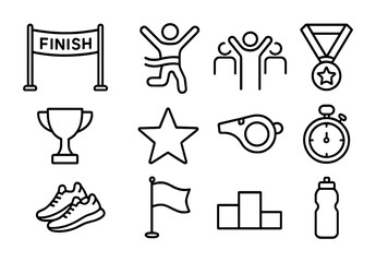 Finish Line Icons. Outline icon set of finish line celebration: finish banner, runner, cheering crowd, medal,