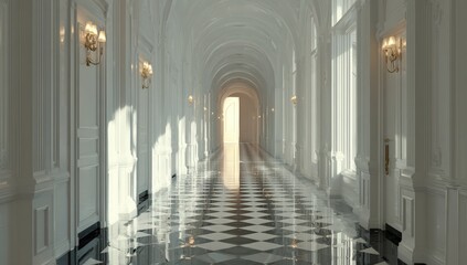 Grand white hallway with sunlight