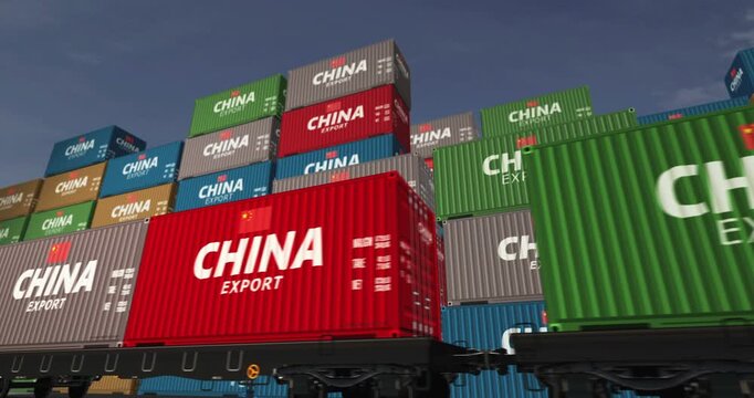 China export production and import containers on a freight wagons loop. Business concept of railway train transport and shipping with a Chinese flag. 3D loopable and seamless animation.
