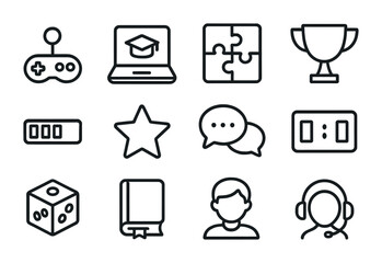 Gamified Learning Icons. Outline icon set of gamified learning: joystick, laptop, puzzle, trophy, progress bar