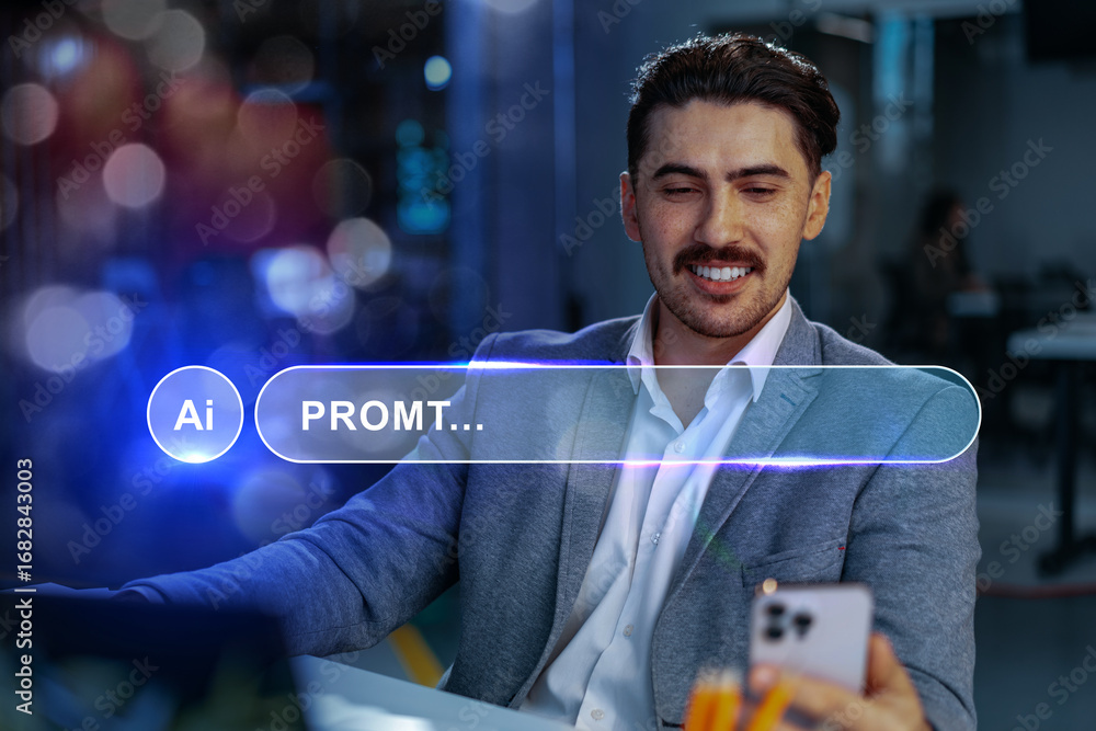 Poster man using smartphone with ai interface in modern office setting during evening hours