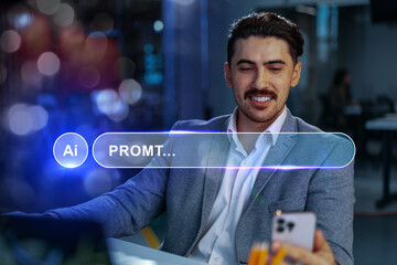 Man using smartphone with AI interface in modern office setting during evening hours