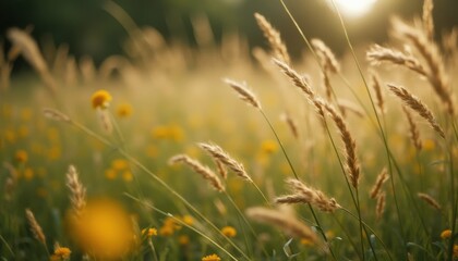 Wildflowers and grasses blowing in the summer wind outdoors