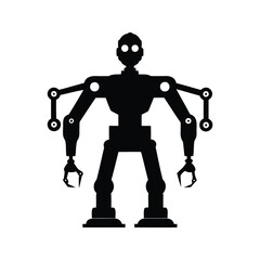 Monochromatic illustration of a science fiction robot with four arms and claws, smart manufacturing robot silhouette vector illustration