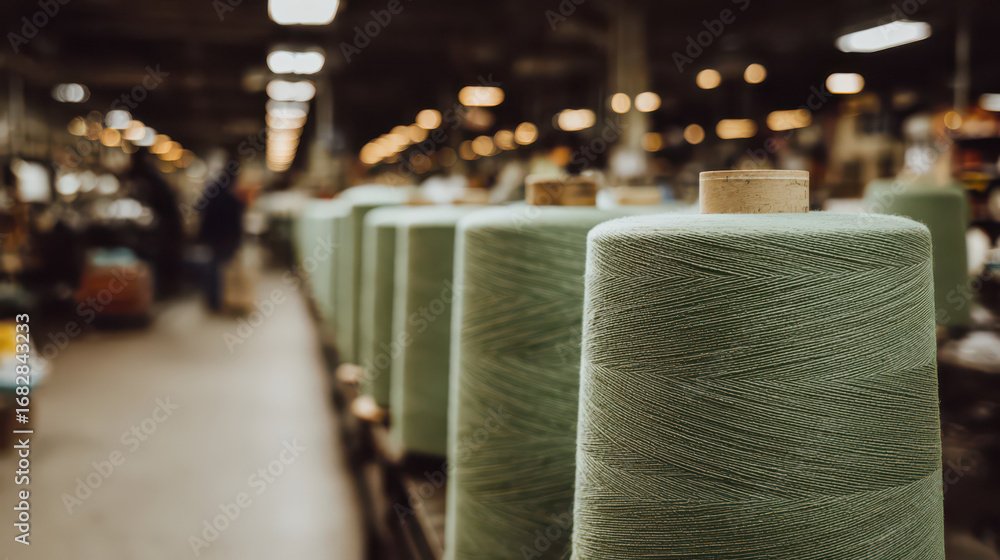 Poster yarn spools in a factory: close-up of meticulously arranged spools of yarn, showcasing the ordered r