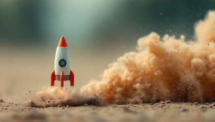 Tiny rocket launching on dusty ground
