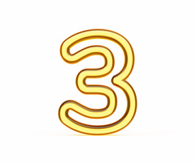Vibrant yellow 3D number 3 three with a glossy finish on a white background. 3D illustration